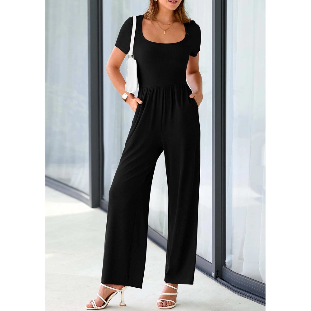 Pretty Garden Black Square Neck Jumpsuit Wide Leg Short Sleeve‎ Romper SZ M